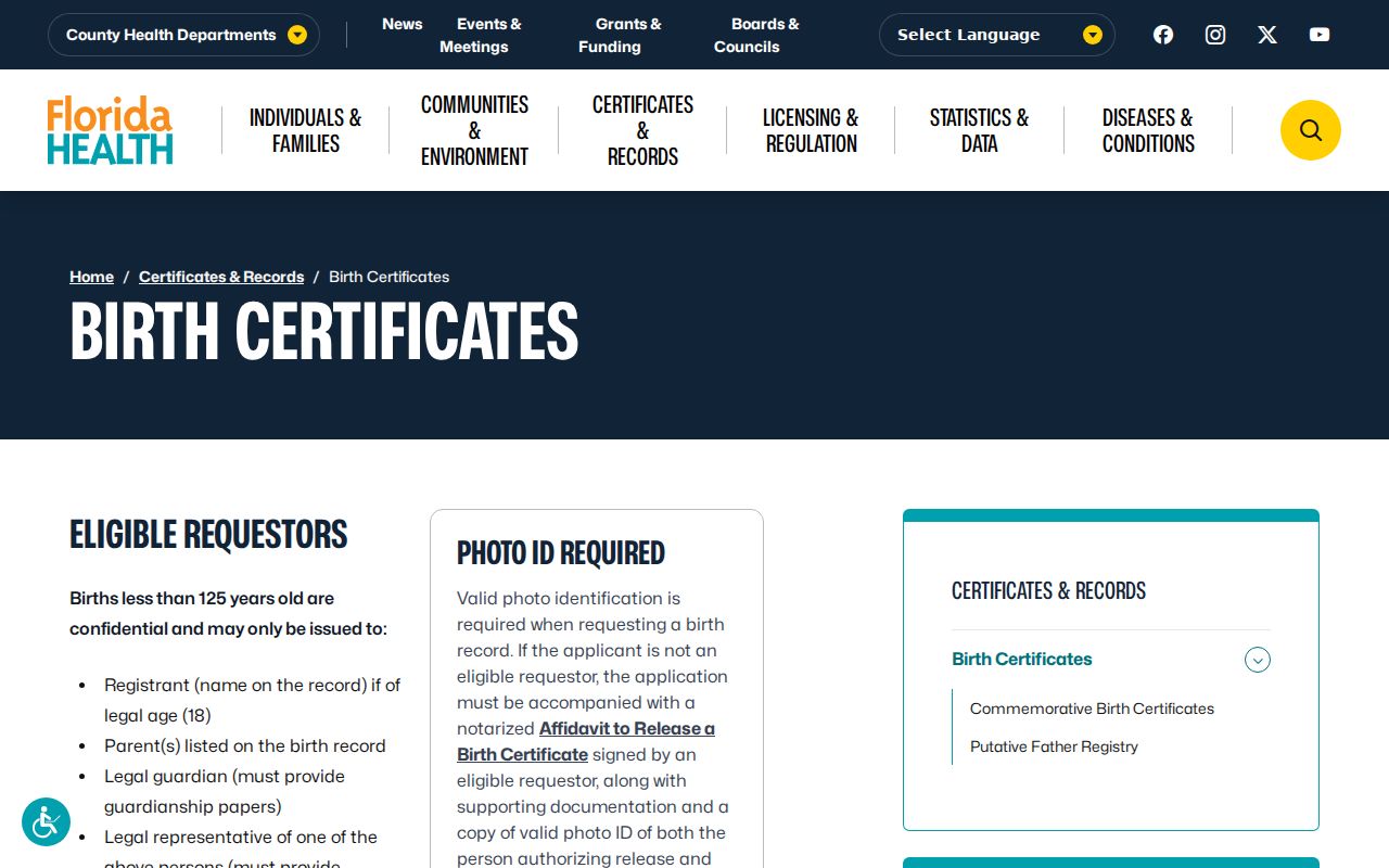 Hollywood previous residents Florida birth certificate access